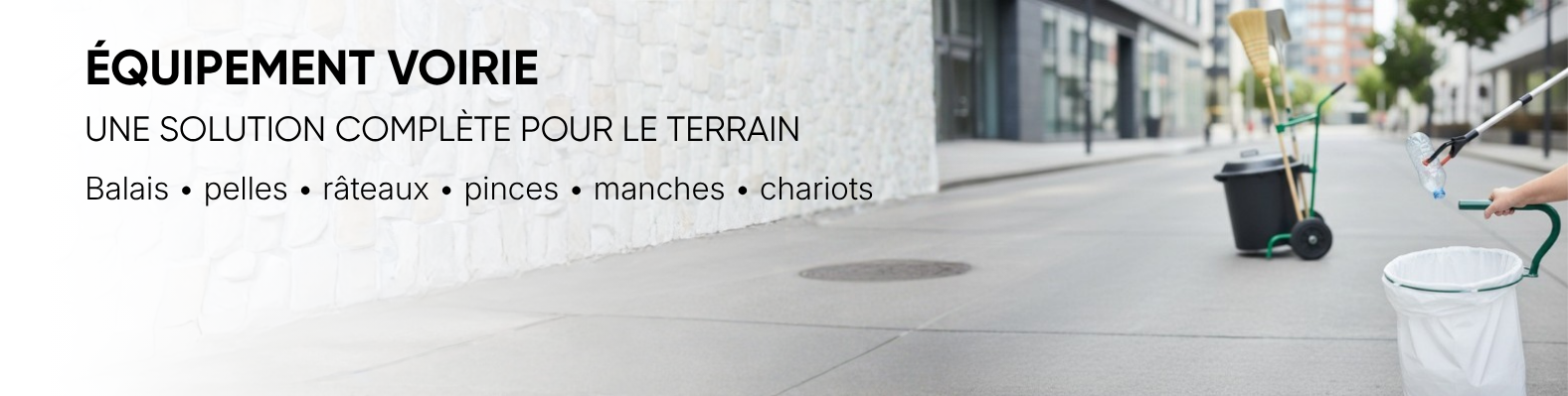 Bannière équipement voirie Brosserie De Paoli avec chariot, pince ramasse-déchets, balais et sac de collecte